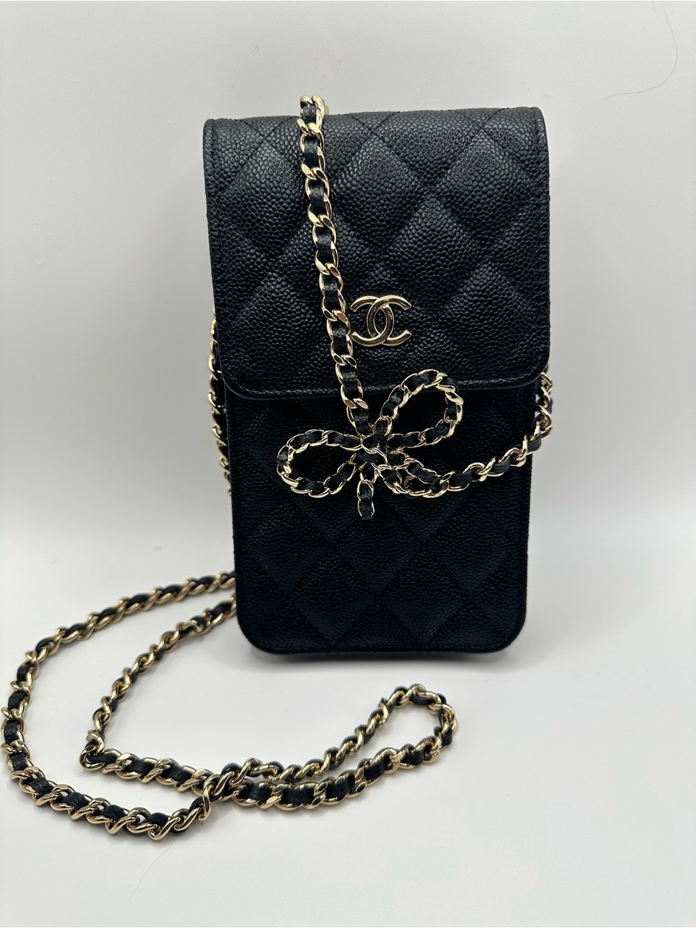 CHANEL Black Quilted Caviar Leather Crossbody Phone Pouch with Gold Bow Chain